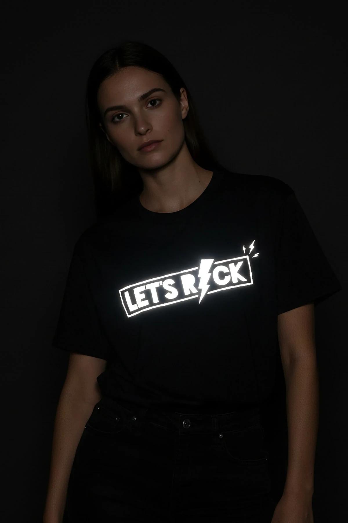 Black Cotton Reflective T-Shirt Men 'LET'S ROCK' Graphic