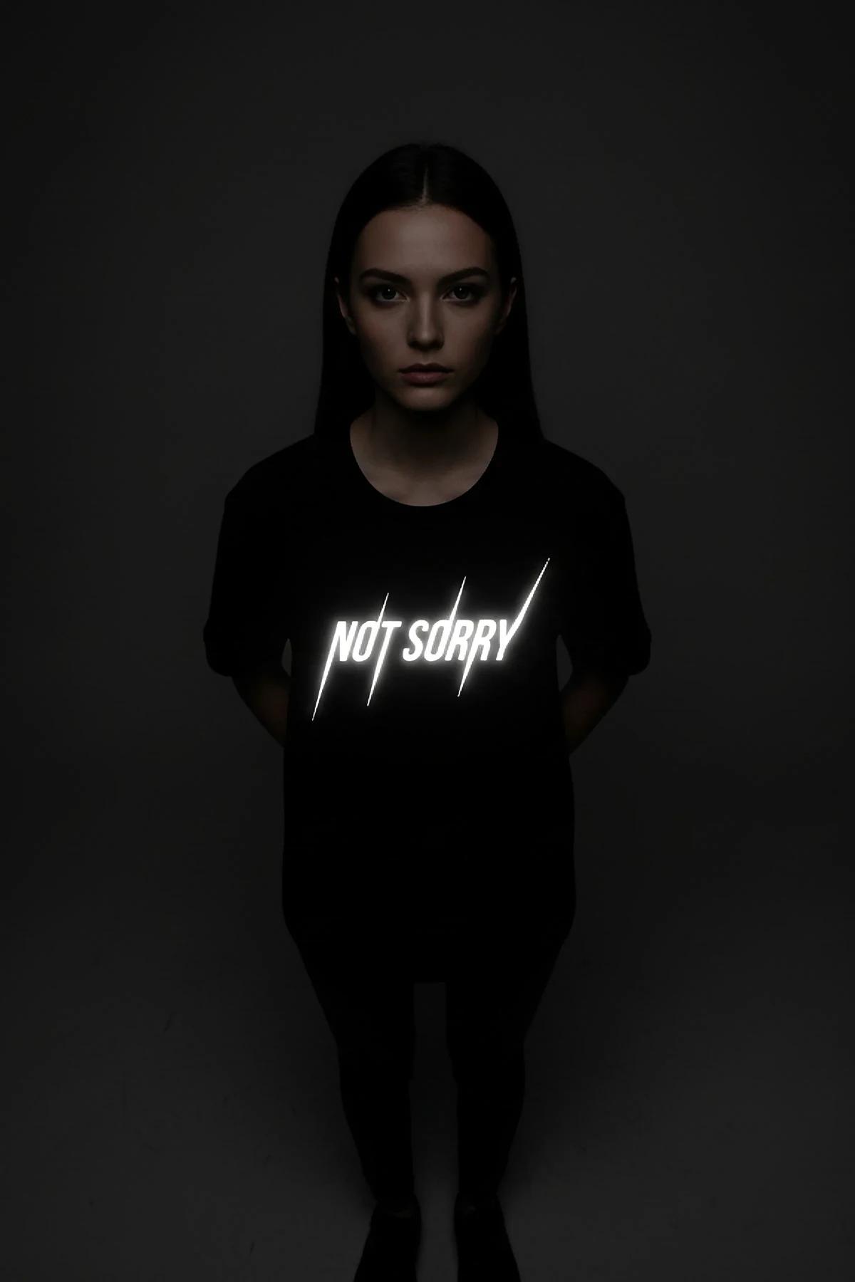 Black Reflective Graphic T-Shirt "NOT SORRY" Statement Print