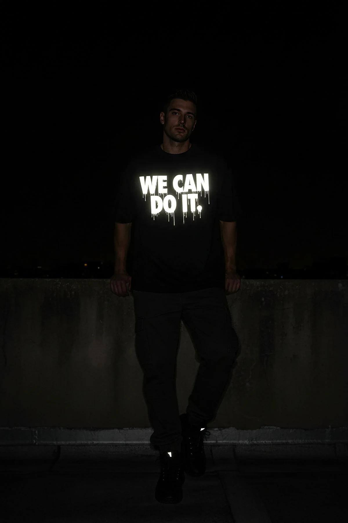 Black reflective graphic tee with dripping "We Can Do It" text outfit