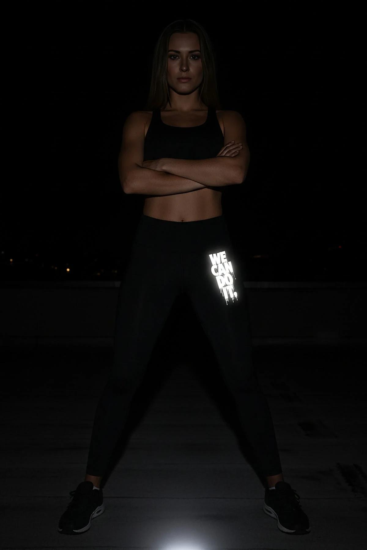 Black Reflective 'We Can Do It' Legging Women High-Waisted Night Workout Wear