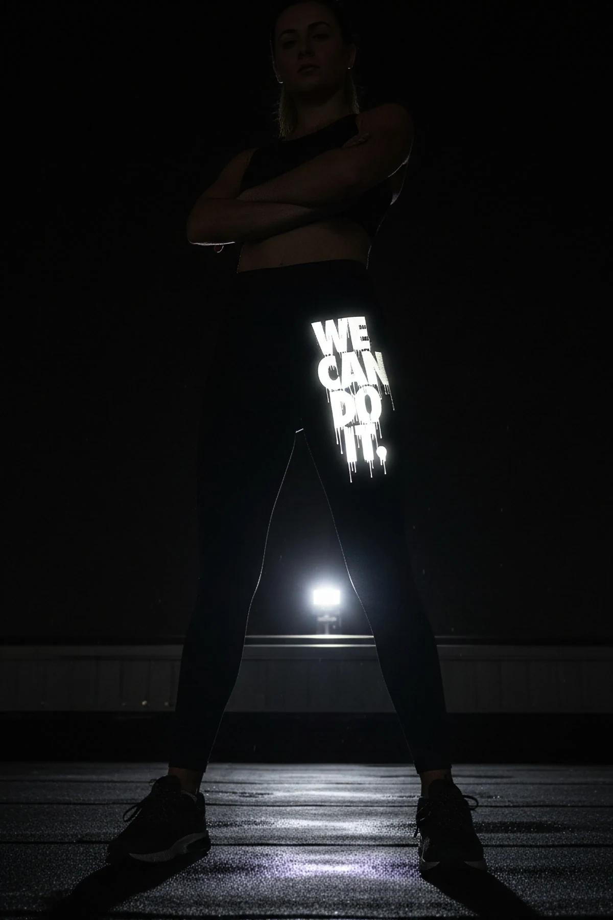 Black Reflective 'We Can Do It' Legging Women High-Waisted Night Workout Wear