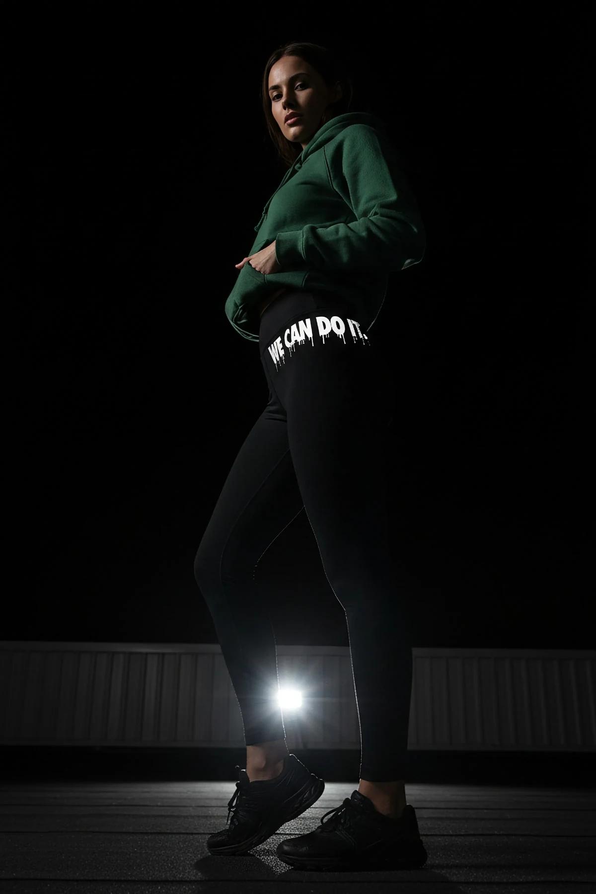 Black Reflective 'We Can Do It' Legging Women High-Waisted Night Workout Wear