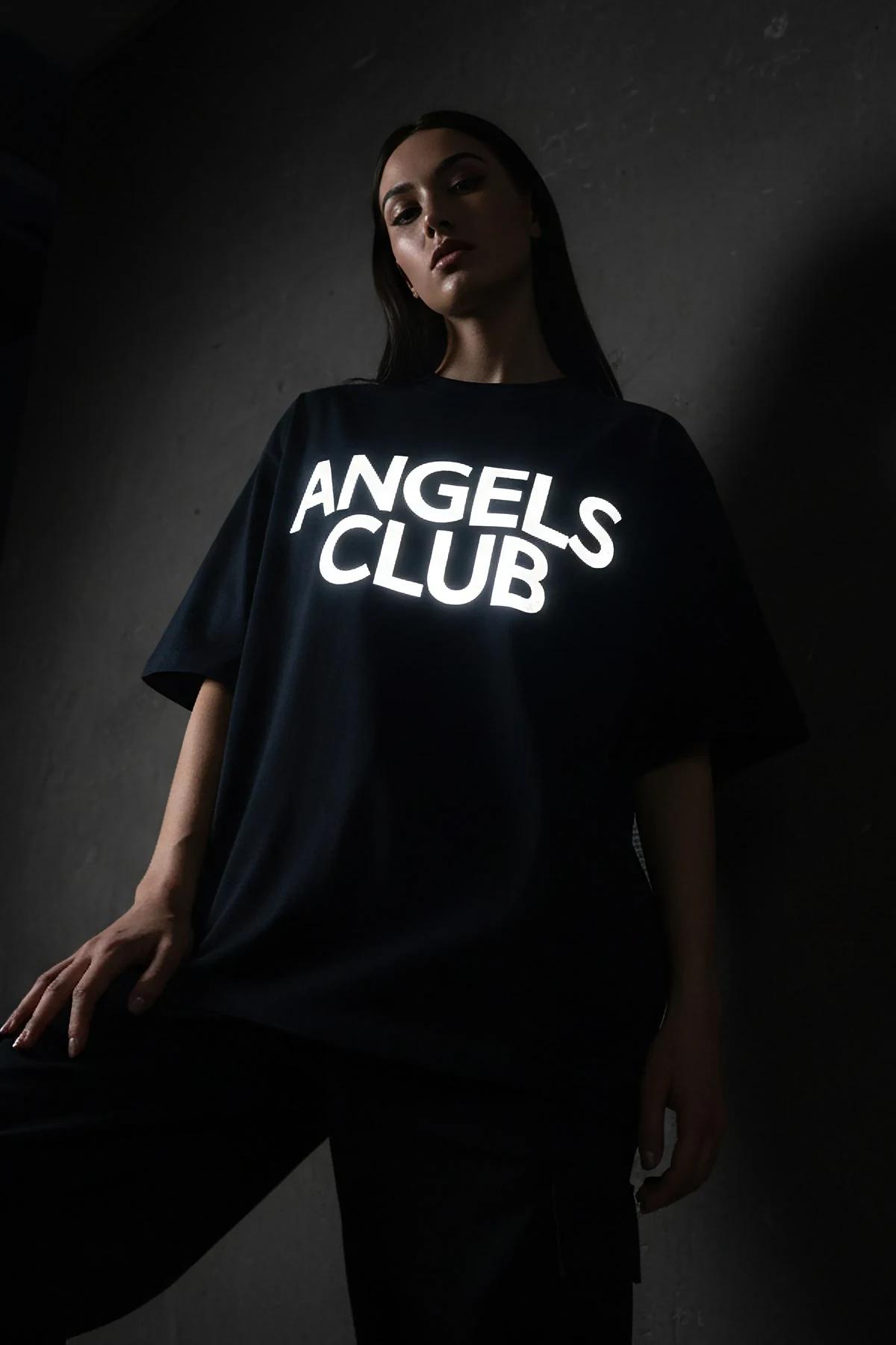 Black Oversized Reflective T-Shirt with 'Angels Club' Print Men