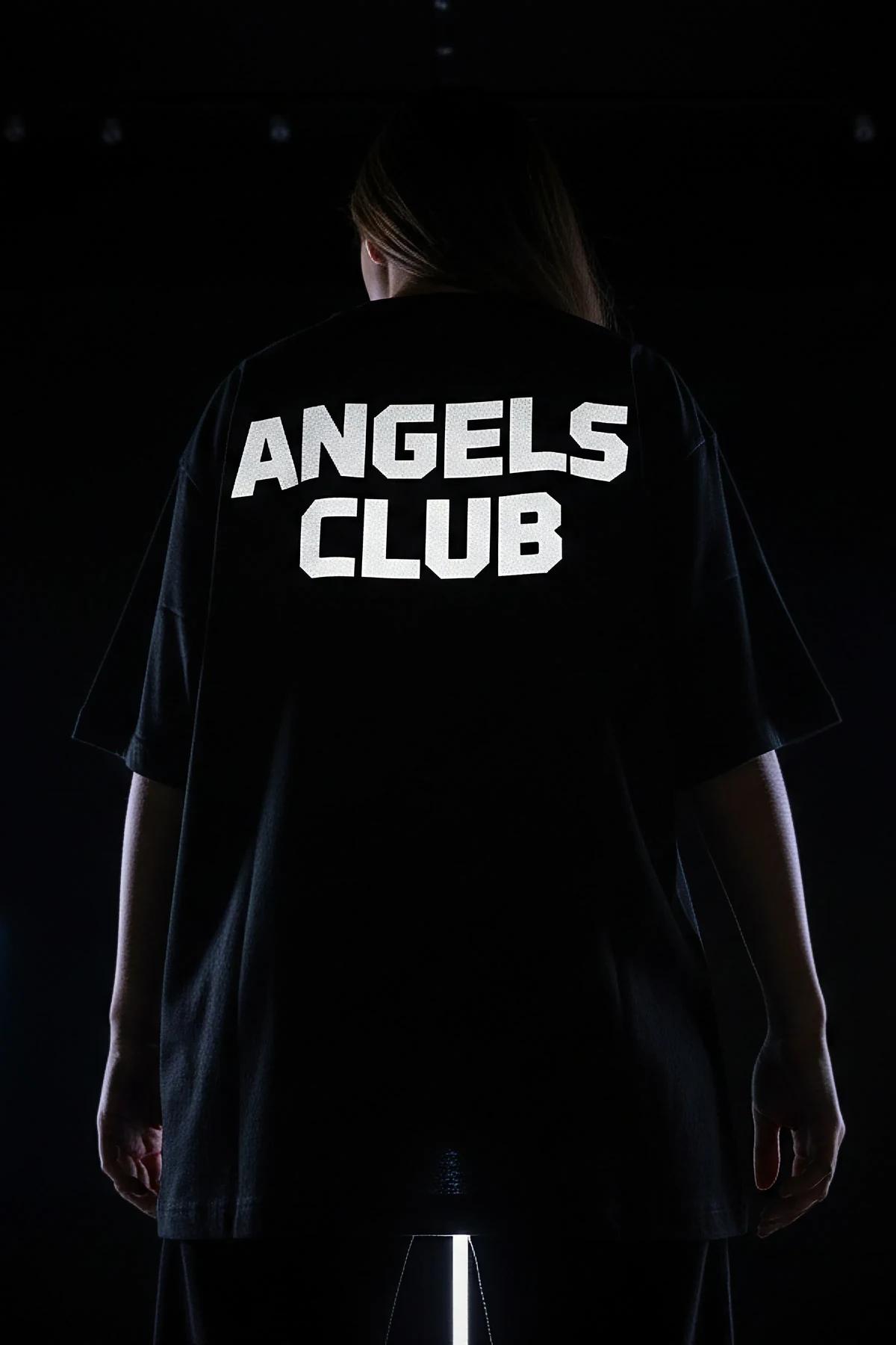 Black Oversized Reflective T-Shirt with 'Angels Club' Print Men