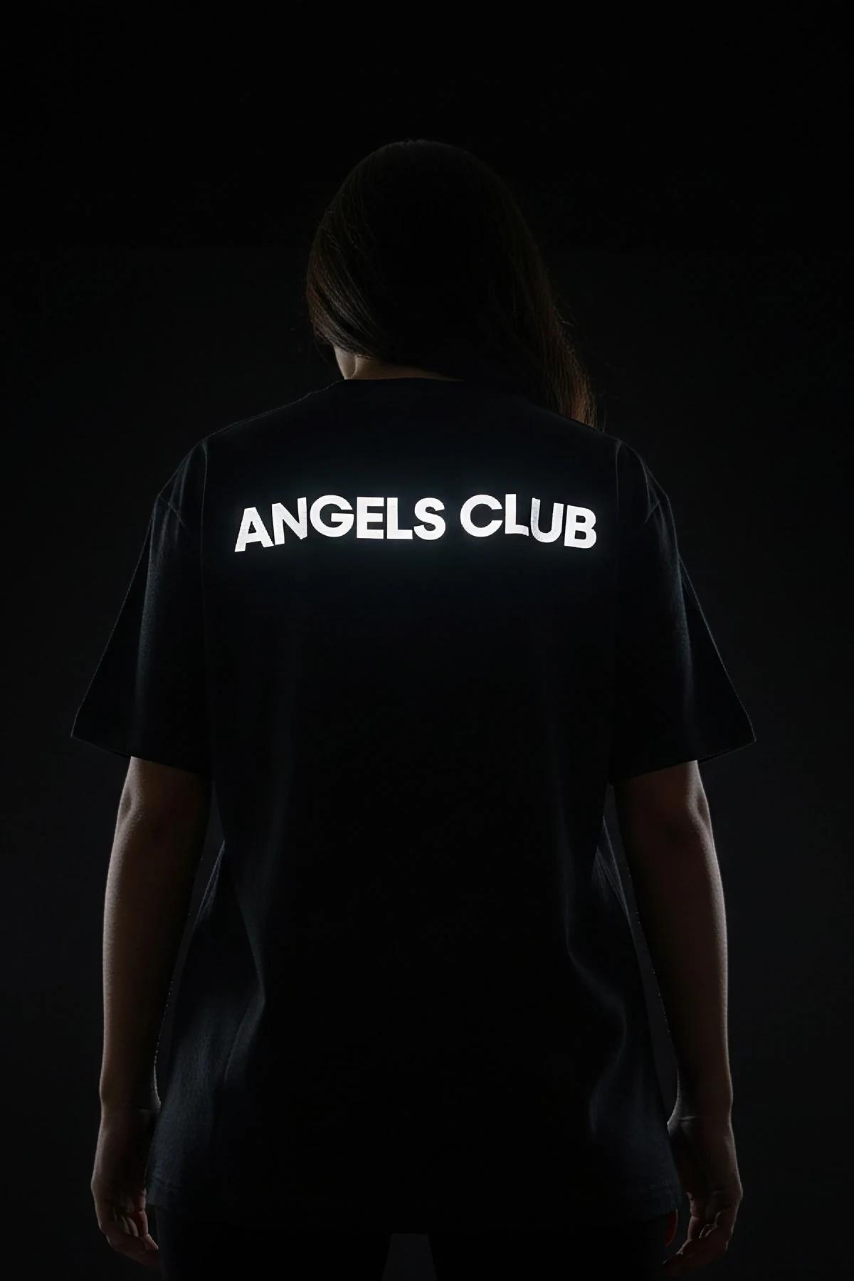 Black Oversized Reflective T-Shirt with 'Angels Club' Print Men