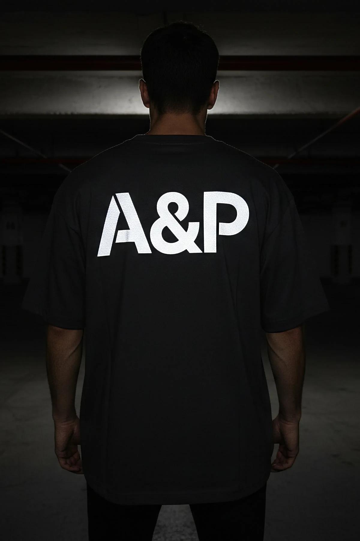 Oversize Reflective Logo Black Cotton Tee Back View A&P Graphic