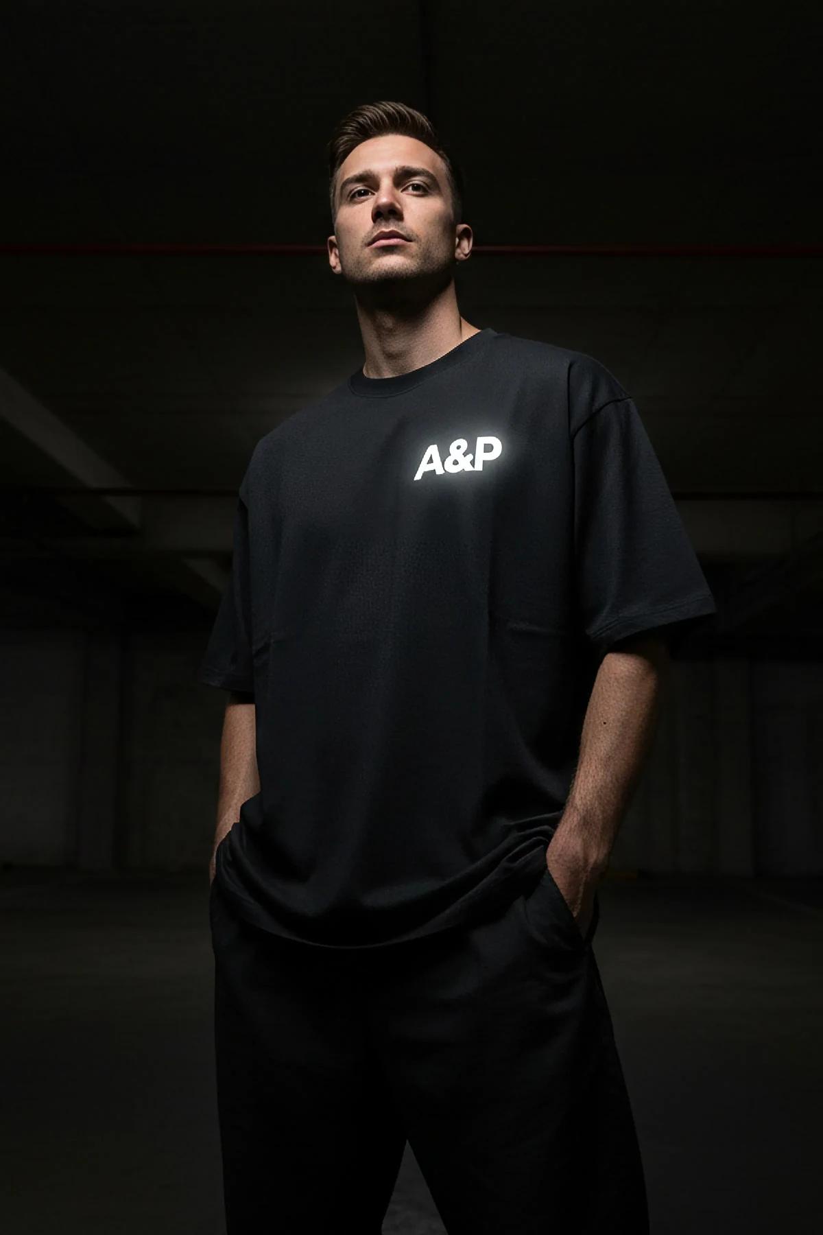 Oversize Reflective Logo Black Cotton Tee Back View A&P Graphic