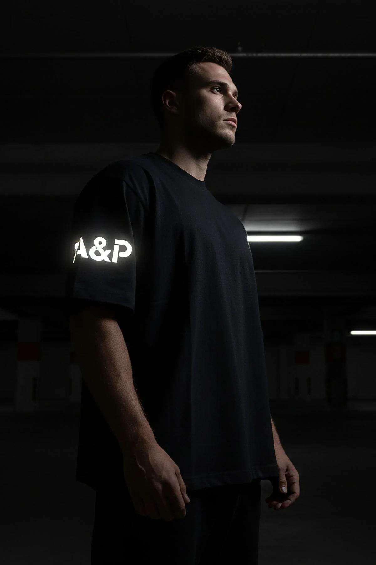 Oversize Reflective Logo Black Cotton Tee Back View A&P Graphic
