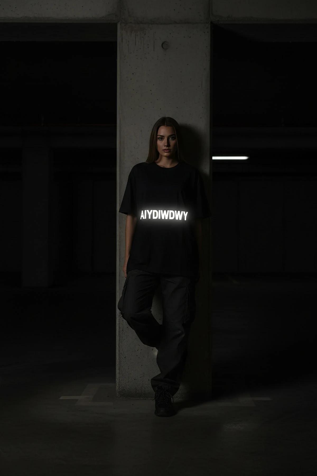Oversized Reflective Graphic T-Shirt Black with White Text Streetwear Style