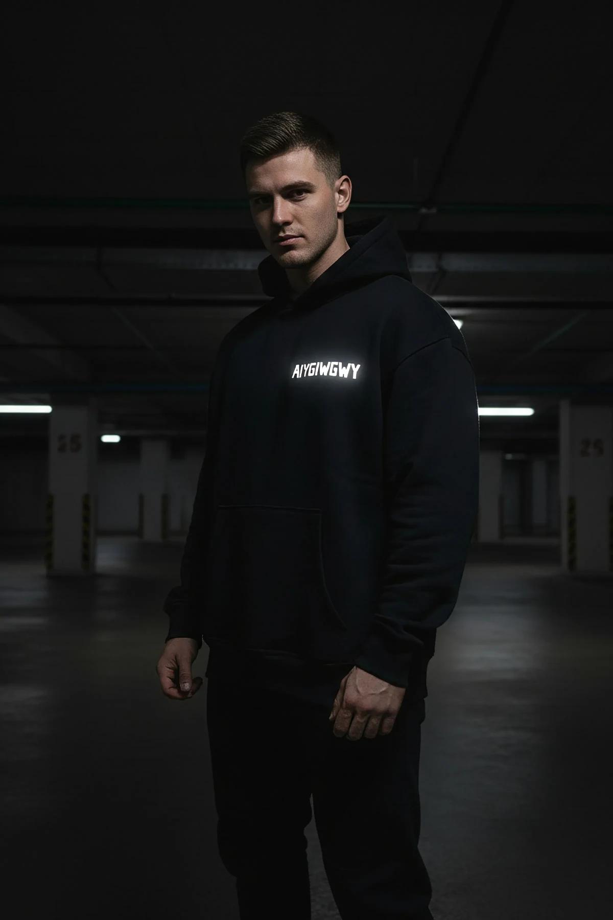 Black Reflective Glow-in-the-Dark Hoodie Men Custom Text AIYG/WGWY