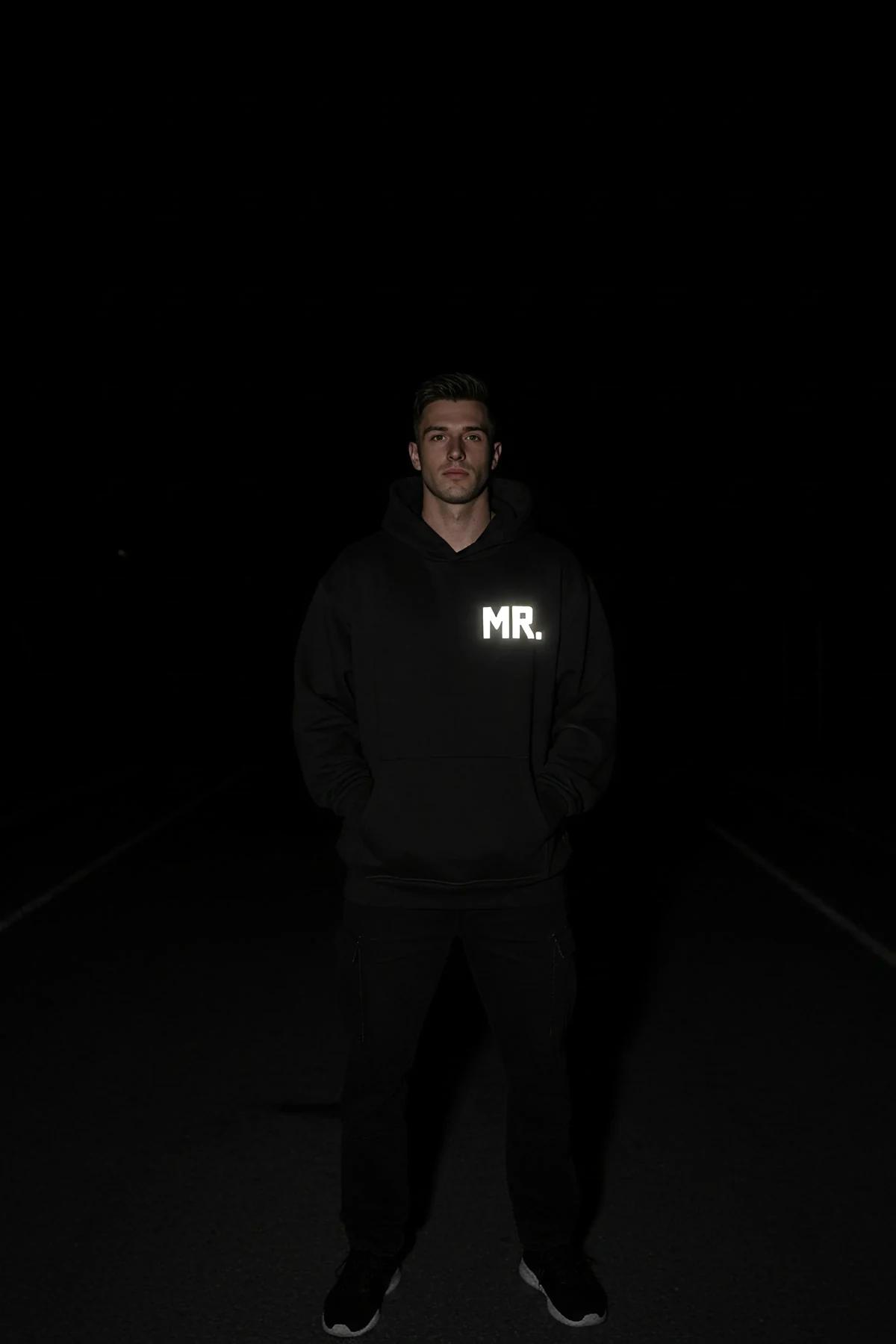Reflective Mr. Hoodie in black with glow-in-the-dark chest print visible in dark setting