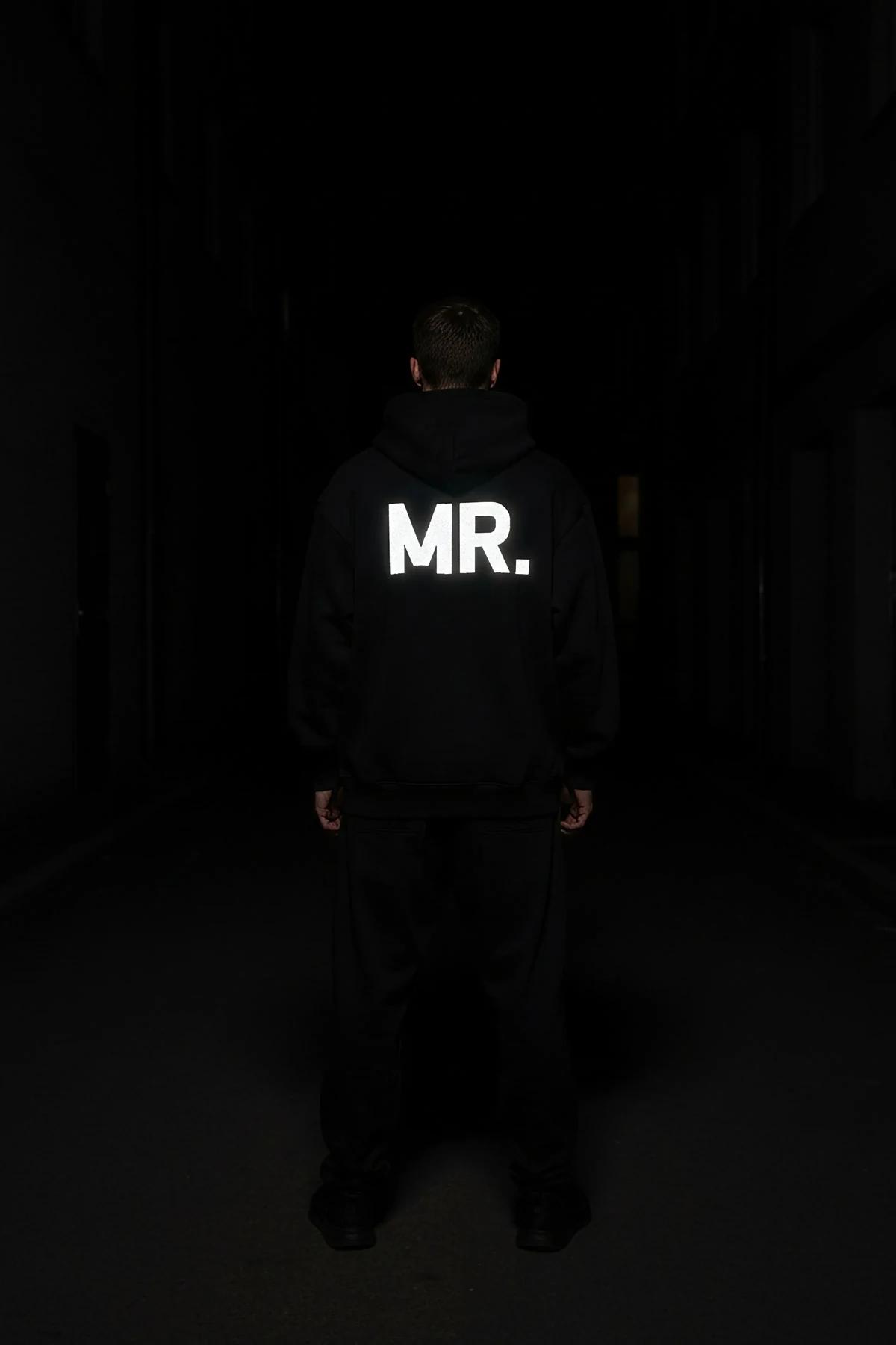 Black Reflective Mrs. Hoodie Women Oversized Glow-in-the-Dark Sleeve Print