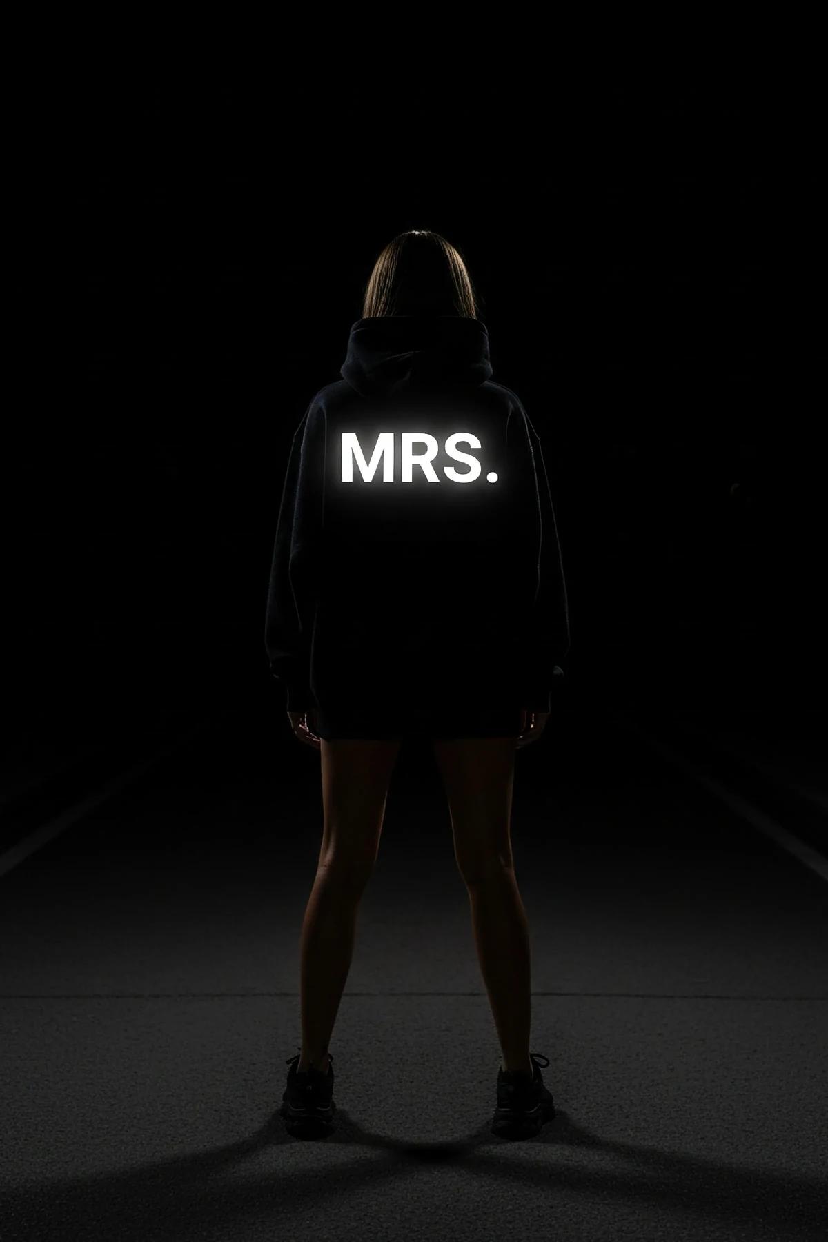 Black Reflective Mrs. Hoodie Women Oversized Glow-in-the-Dark Sleeve Print
