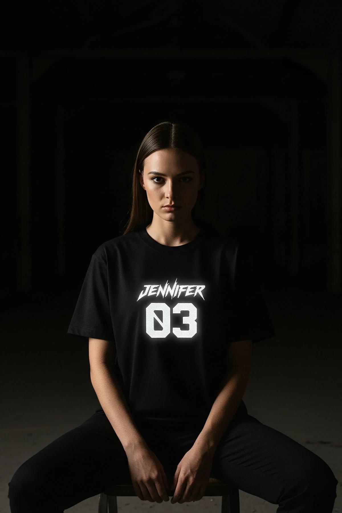 Black Reflective T-Shirt Personalized Name Number Women Front View
