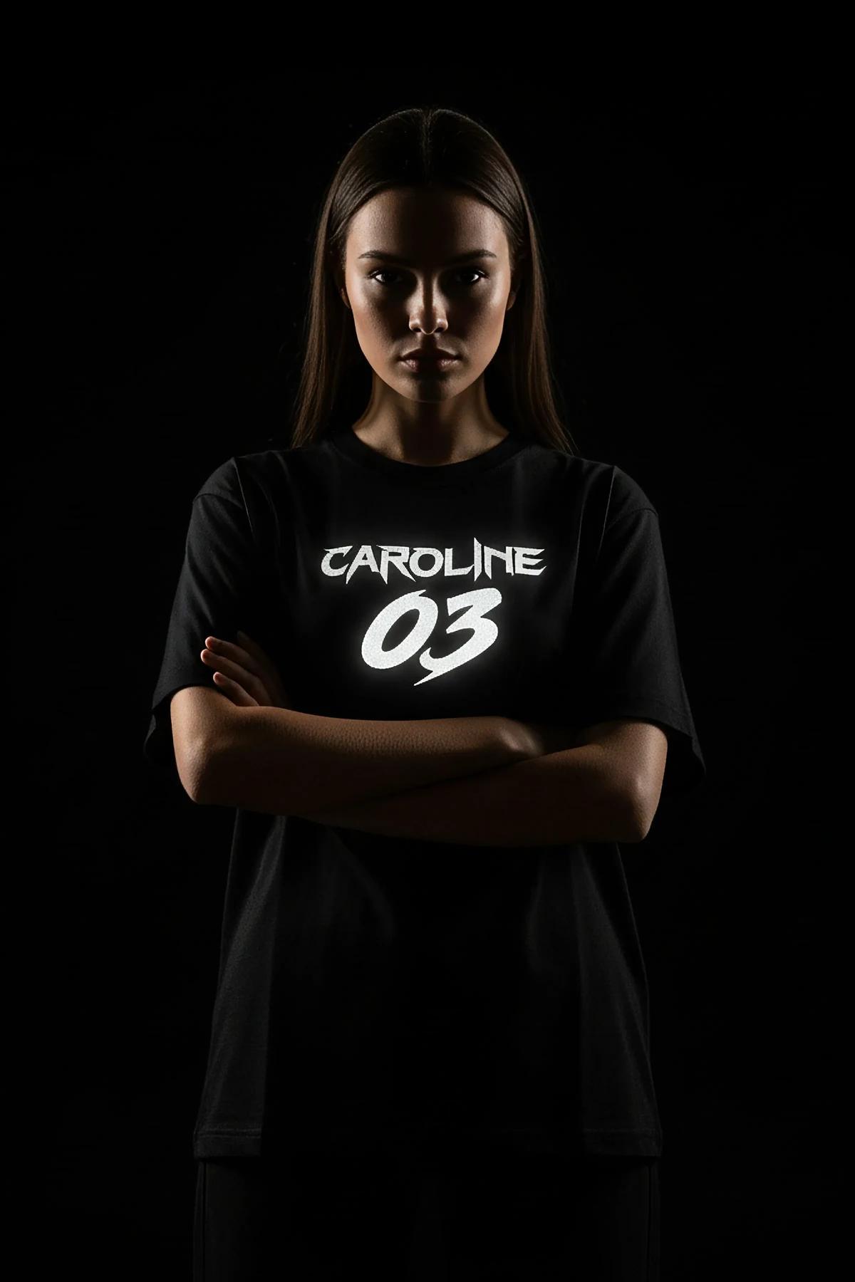 Black Reflective T-Shirt Personalized Name Number Women Front View
