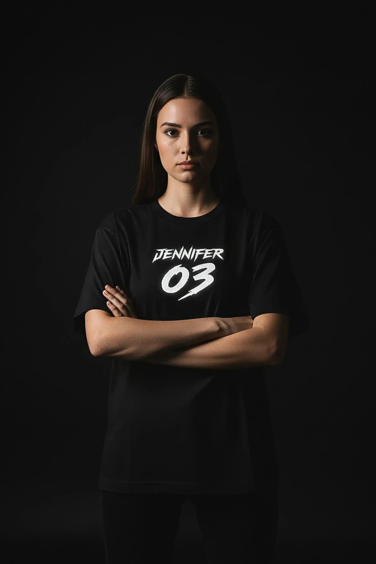 Black Reflective T-Shirt Personalized Name Number Women Front View