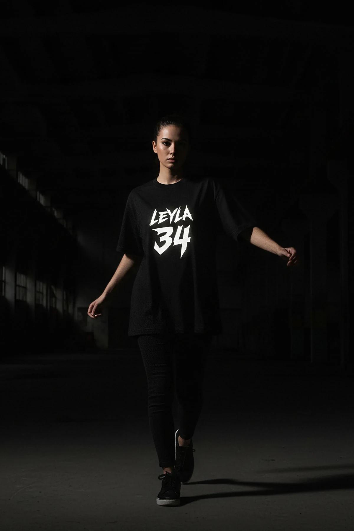 Oversized Black Cotton T-Shirt White Graphic Print with Leyla 34 Text