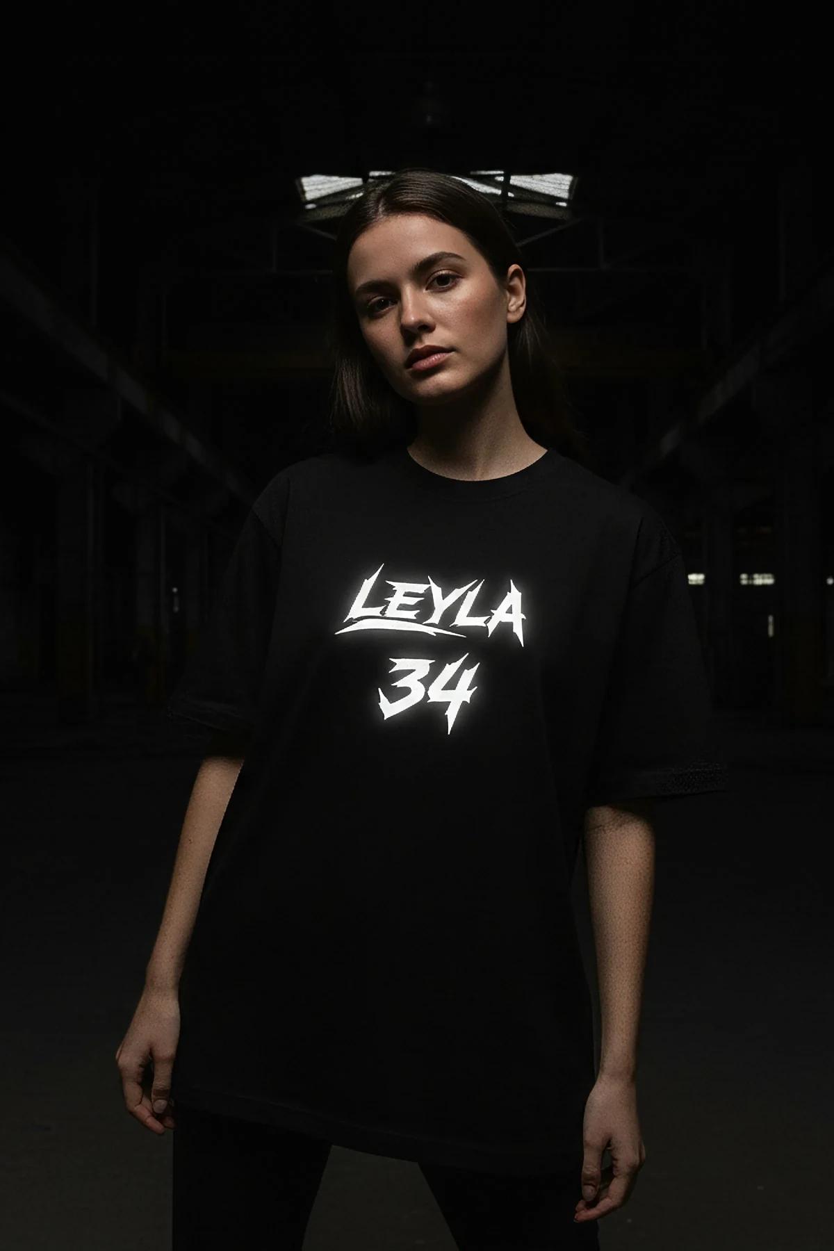 Oversized Black Cotton T-Shirt White Graphic Print with Leyla 34 Text