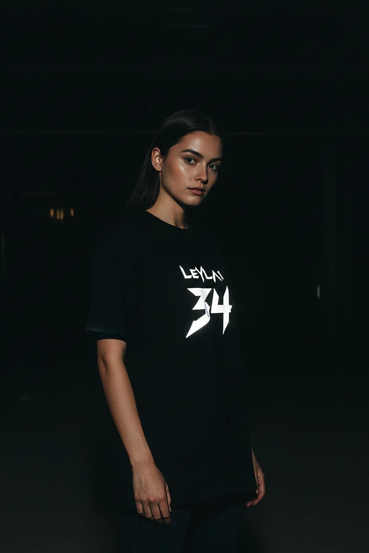Oversized Black Cotton T-Shirt White Graphic Print with Leyla 34 Text