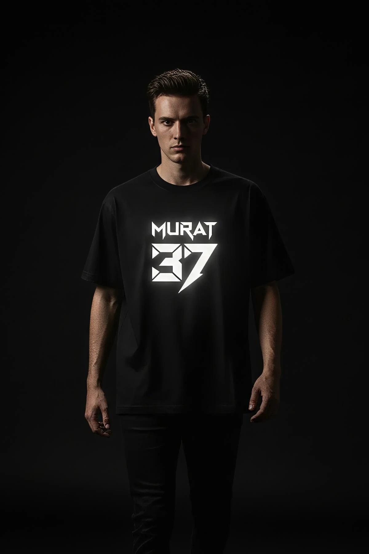 Black Reflective Graphic T-Shirt Men Streetwear Style Murat 37 Logo Print