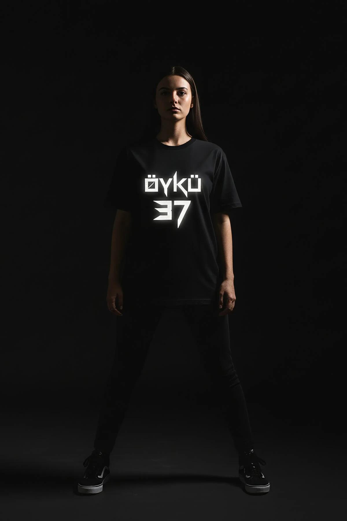 Black Reflective Graphic Oversized T-Shirt featuring "ÖYKÜ 37" print