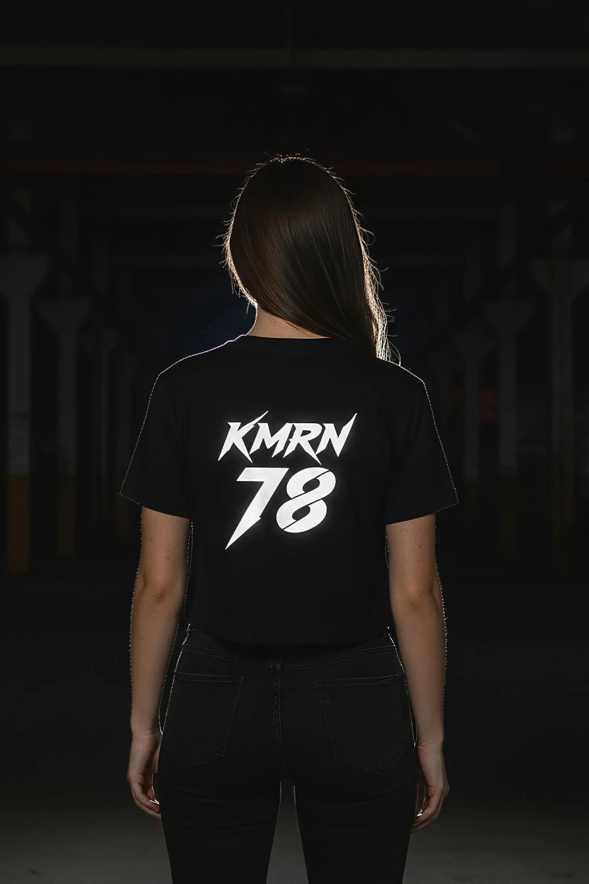 Black Reflective Graphic T-Shirt with White KMRN 78 Print on Back