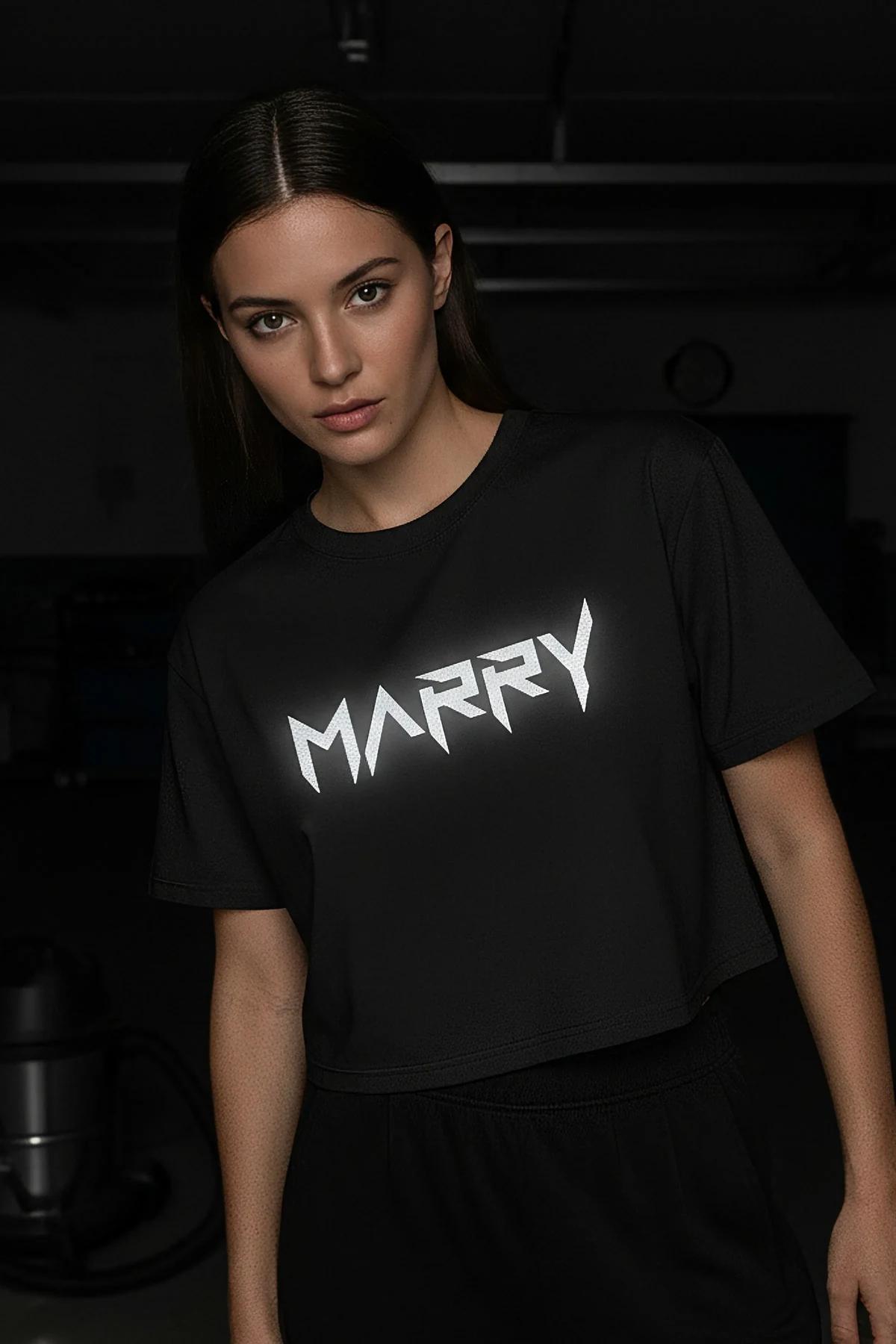 Black Reflective Text Crop Top Women Reflective 'MARRY' Design