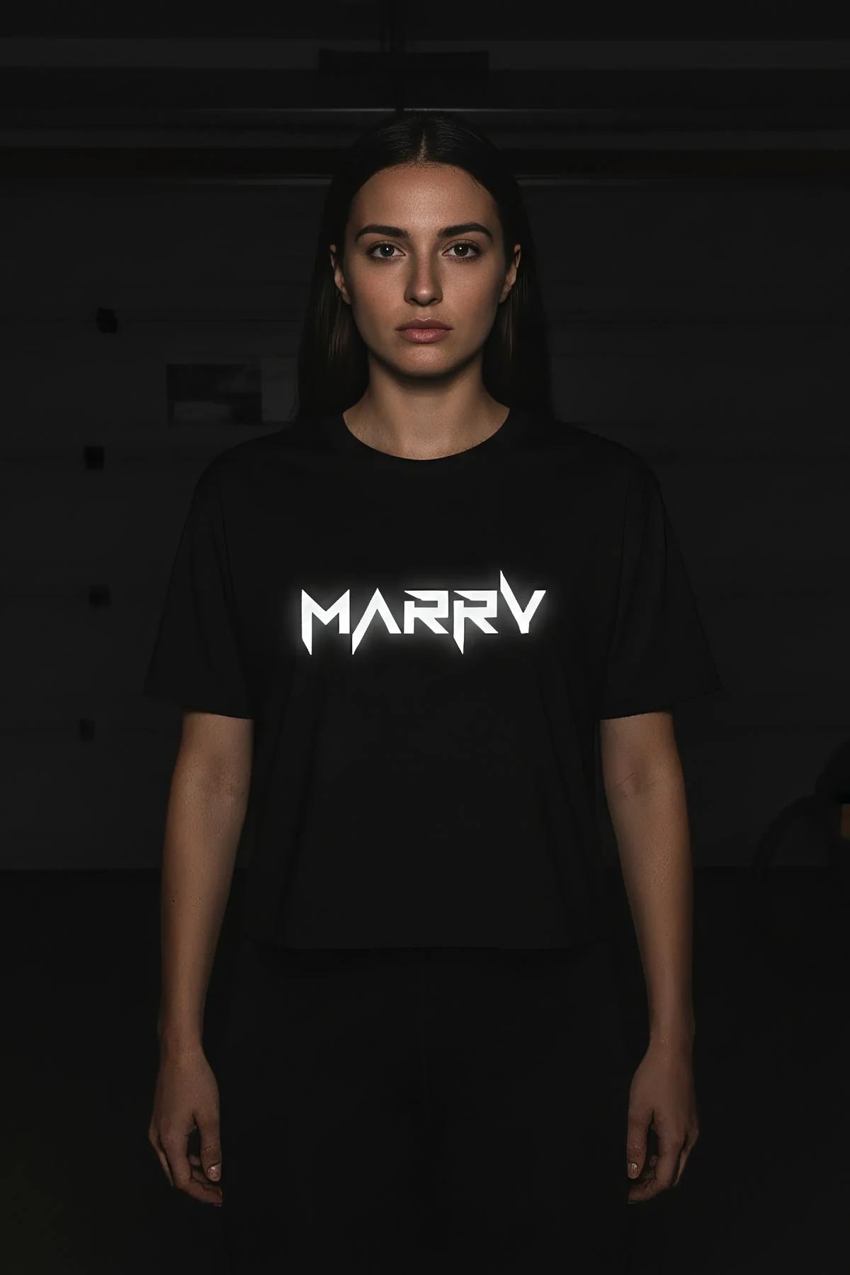 Black Reflective Text Crop Top Women Reflective 'MARRY' Design