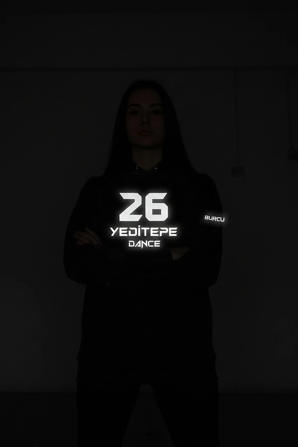 Custom reflective long sleeve top with 'YEDITEPE DANCE 26' and 'BURCU' in reflective print