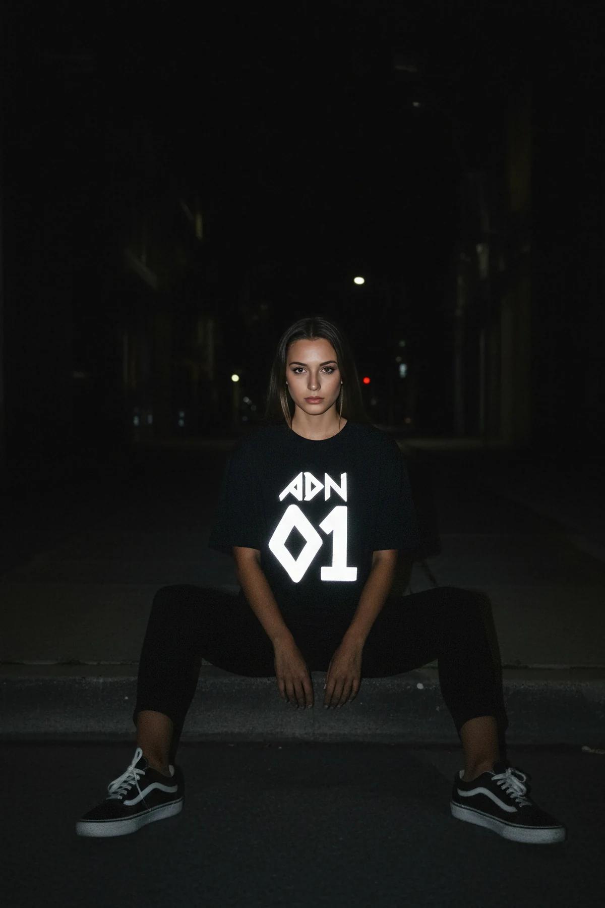Close-up of reflective graphic detail on black t-shirt