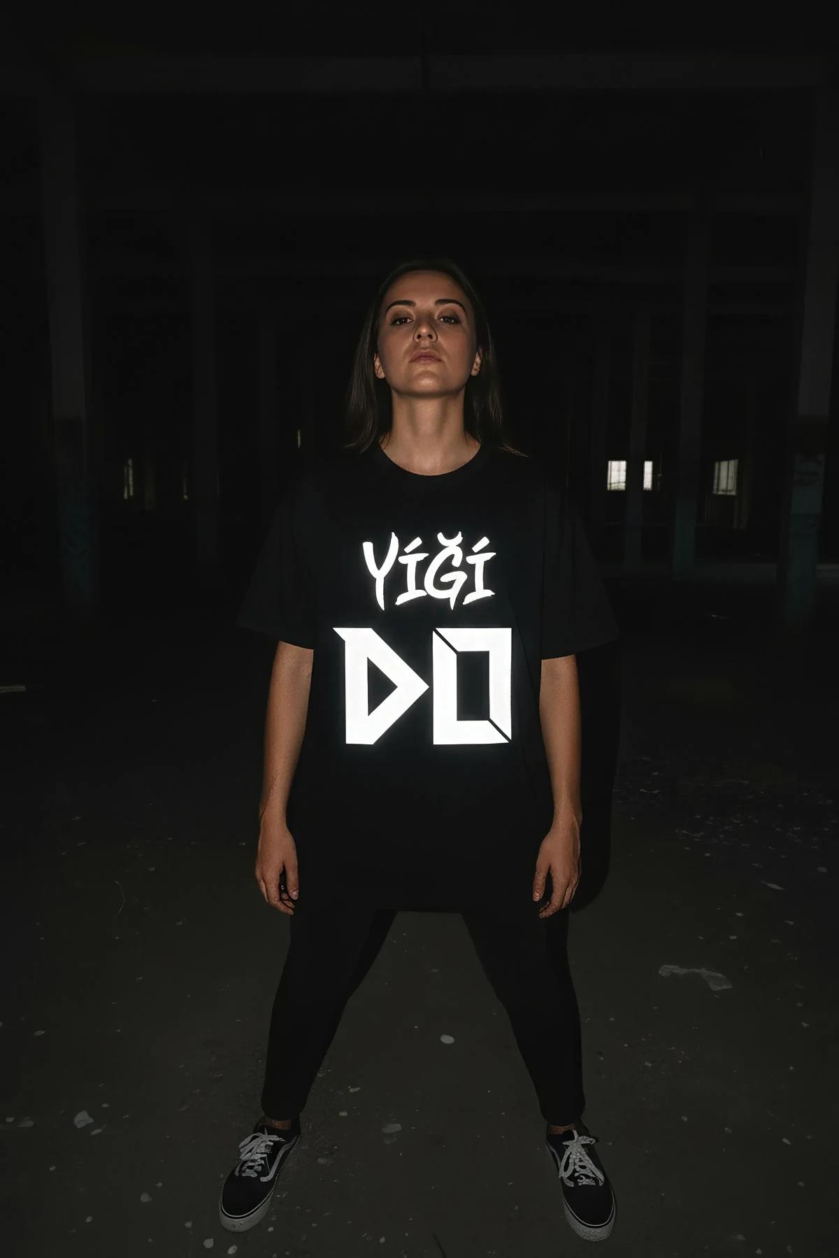 Reflective Shirt Flat Lay Dark Background YİĞİ DO Typography