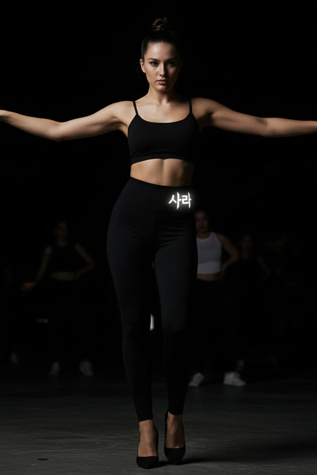 Black high-waisted leggings with white text detail outfit