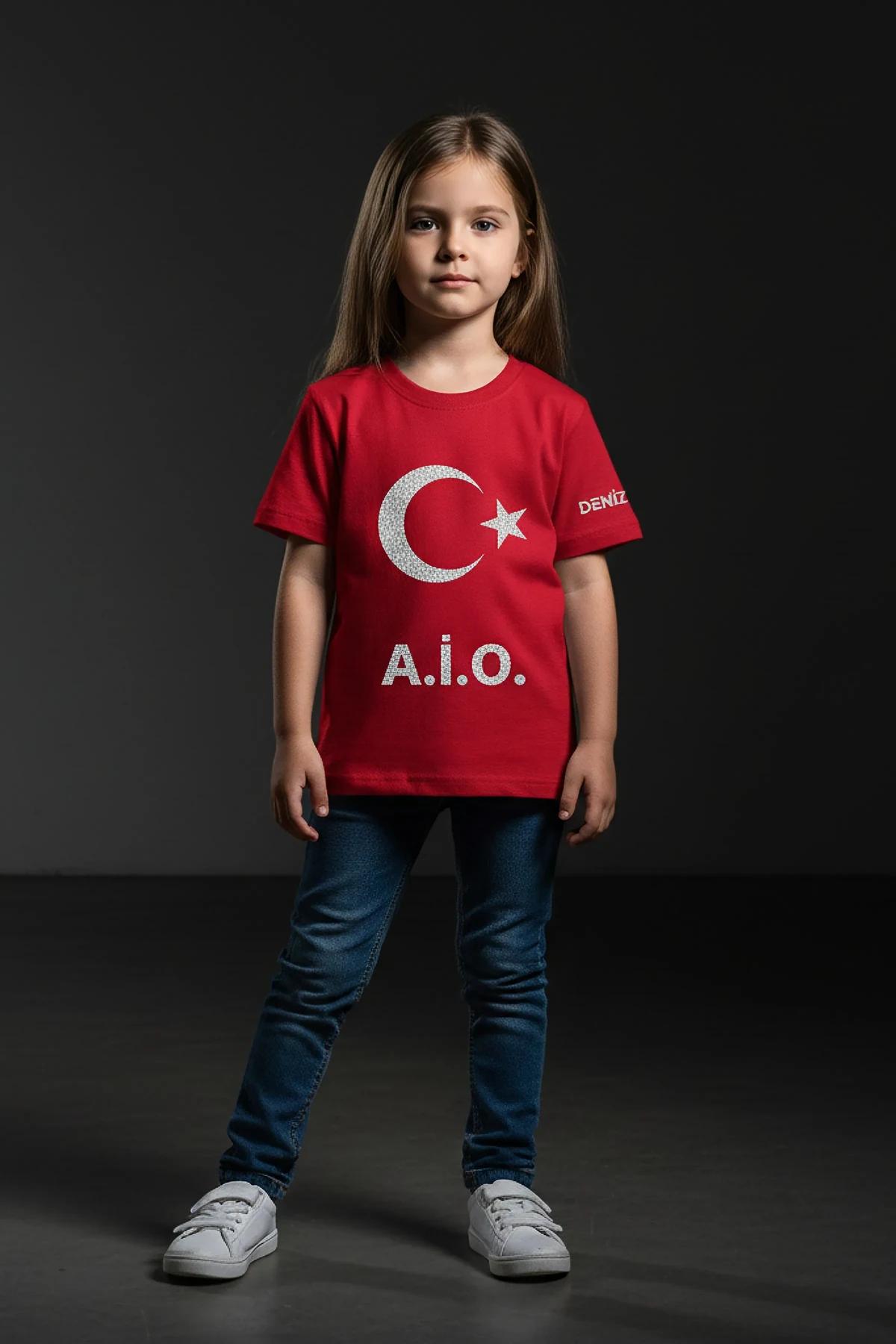 red t-shirt with glitter crescent moon and star detail and text