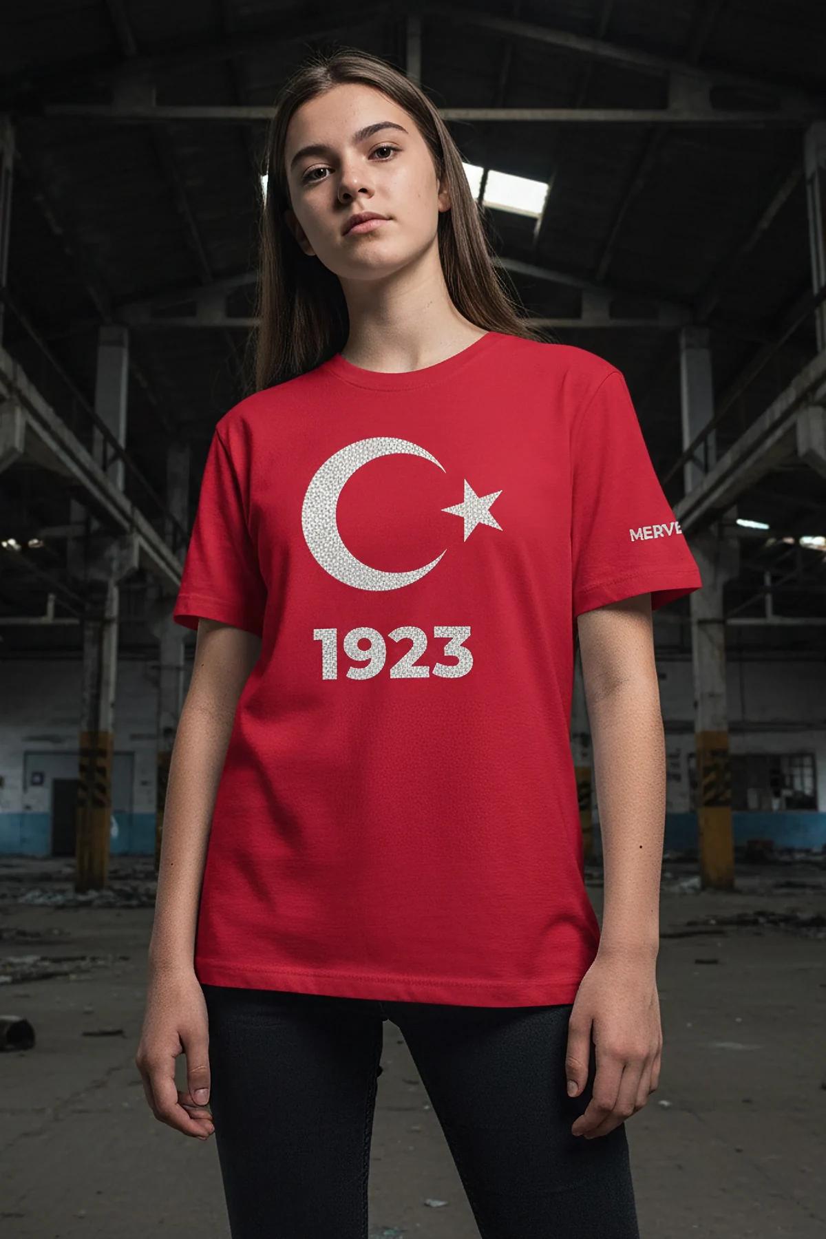 Red t-shirt detail of the '1923' crystal text
