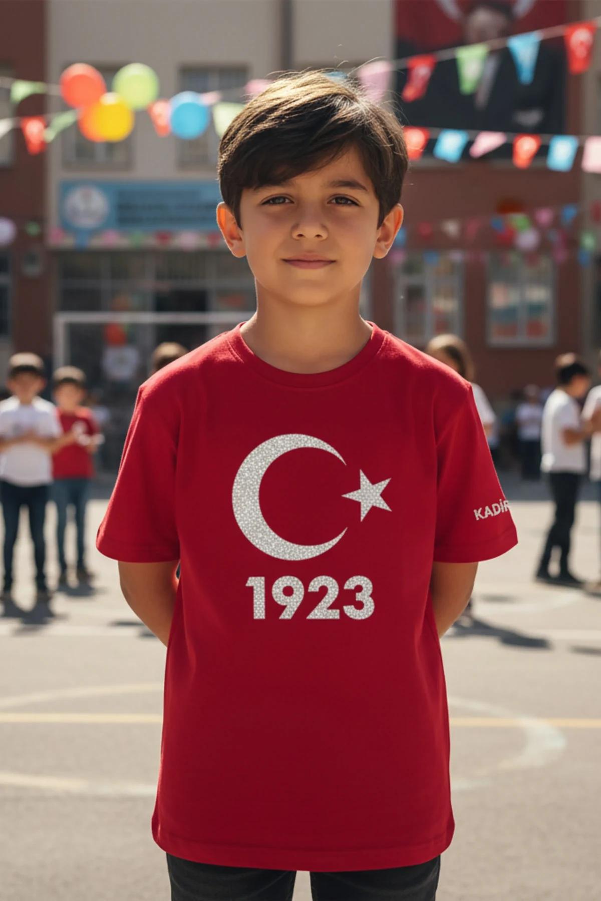 Red crescent moon and star holiday shirt with 1923 graphic on sleeve