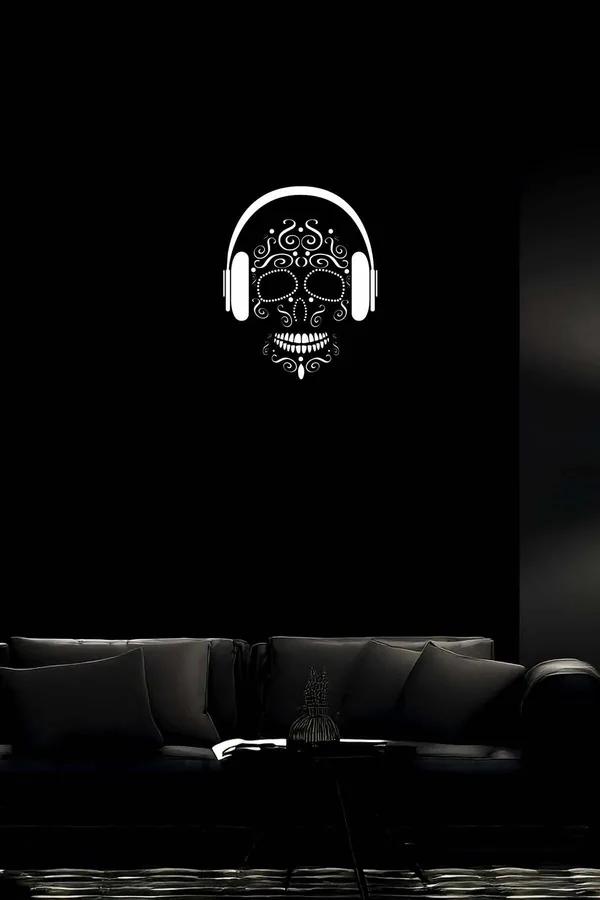 Reflective Sugar Skull Wall Art with Headphones Canvas Print Black and White