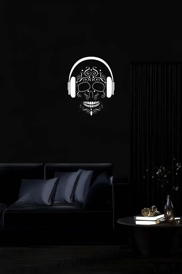 Reflective Sugar Skull Wall Art with Headphones Canvas Print Black and White