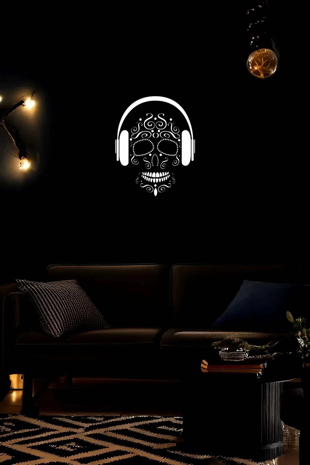 Close-Up of Reflective Surface on Sugar Skull Canvas Under Light with Headphones Design in Black and White