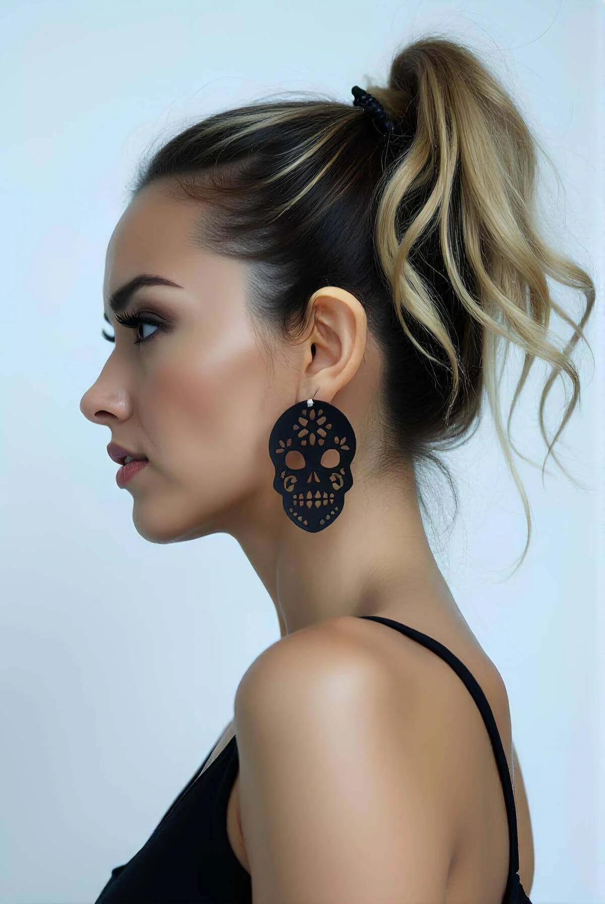 Skull Earrings Black Laser Cut Leather Dangle Statement