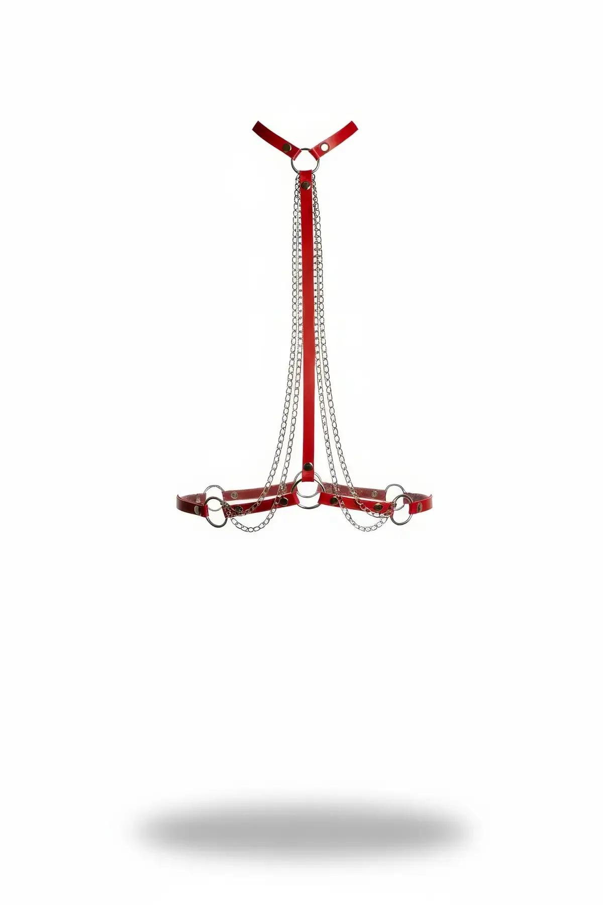 Red Faux Leather Body Harness with O-Ring & Draped Chains