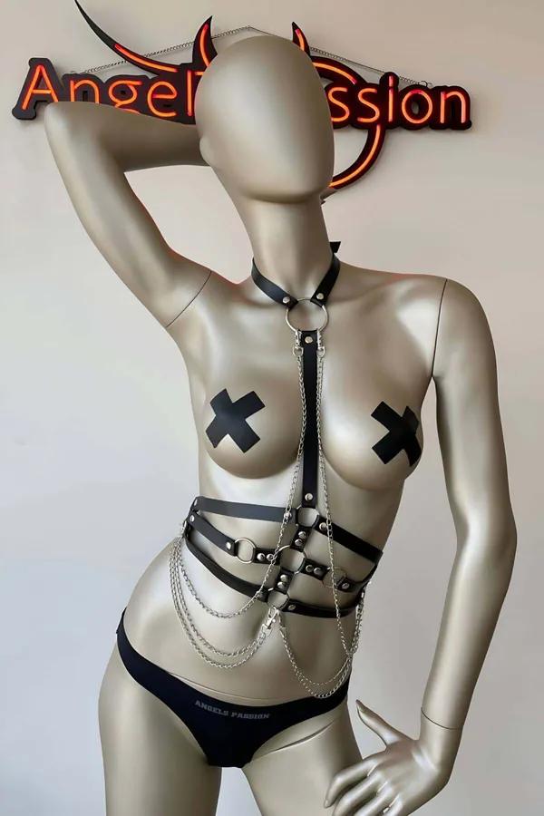 Adjustable Faux Leather Body Harness with Chains