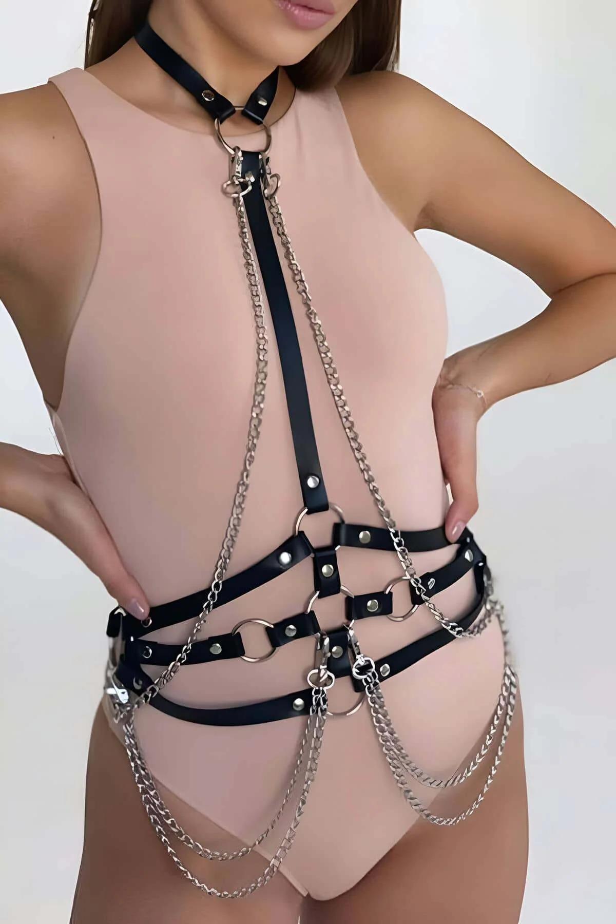 Leather Chest Harness with Chains - Adjustable Fashion Accessory