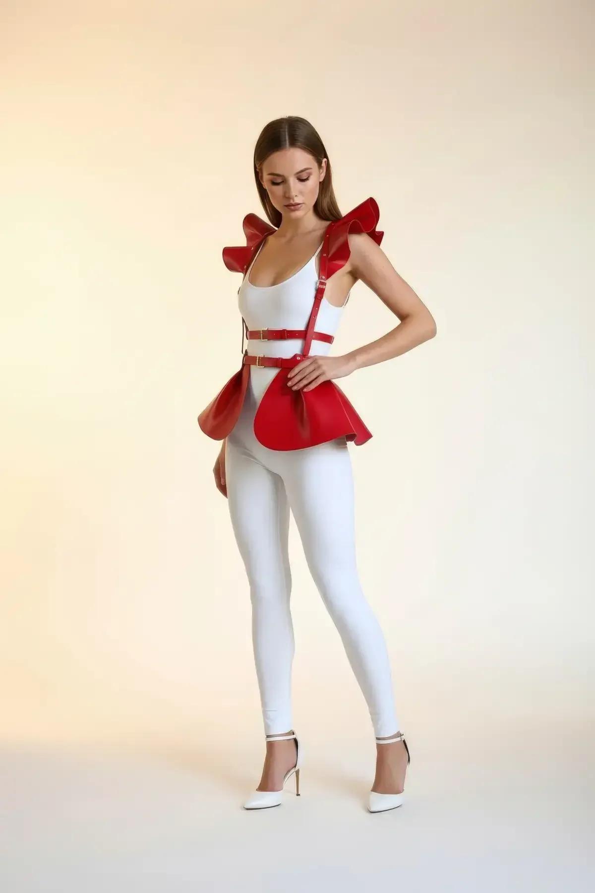 Red Ruffled Shoulder & Peplum Fashion Harness