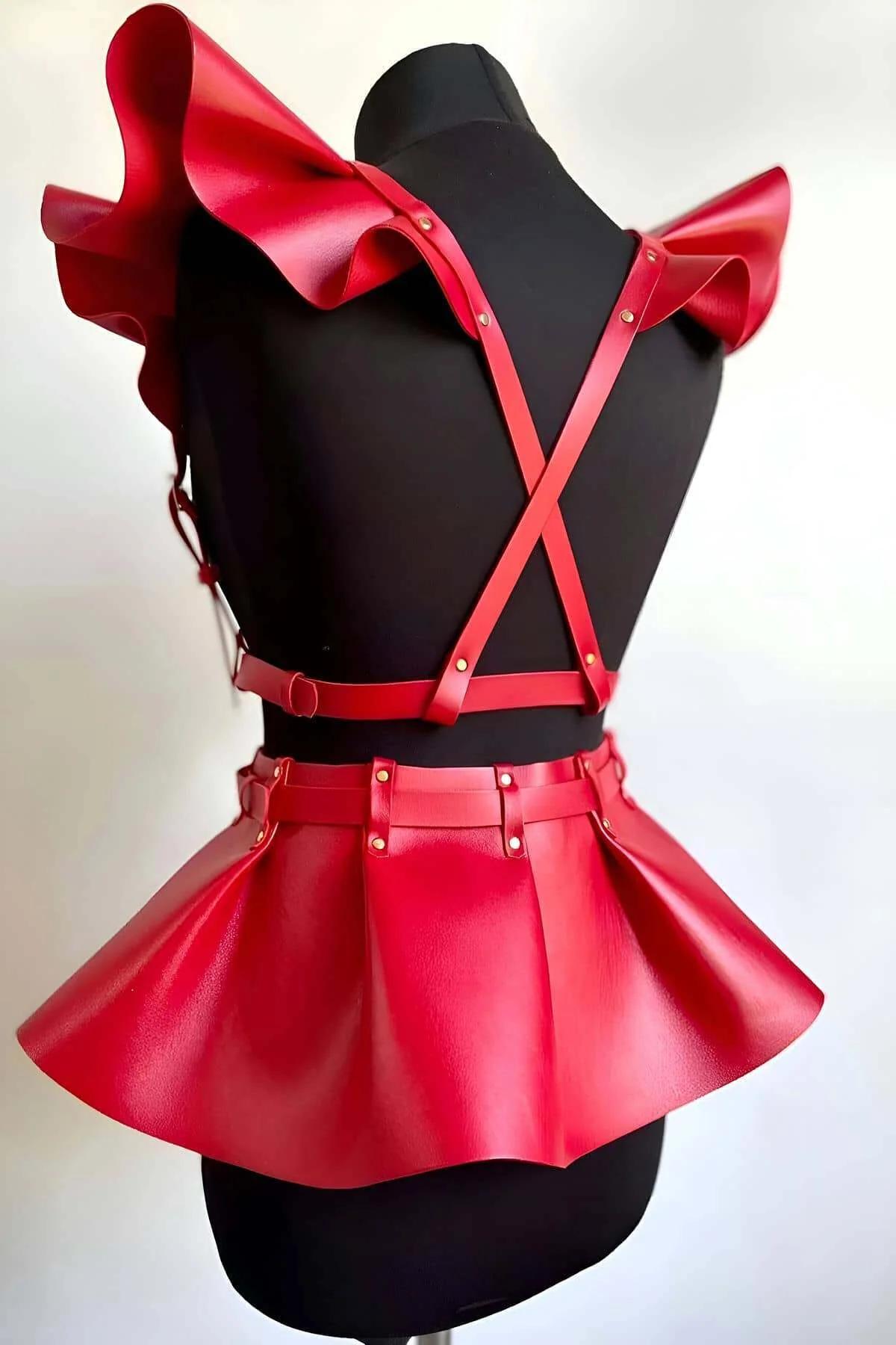Leather Fashion Harness Set with Mini Skirt & Ruffled Shoulders