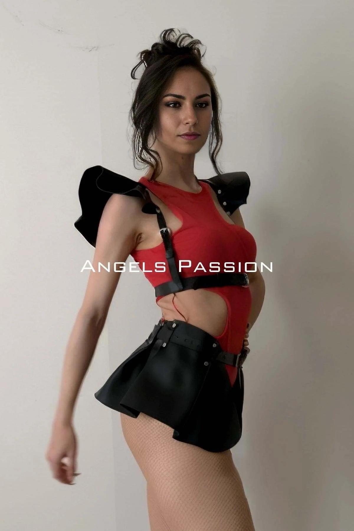 Sexy Leather Harness Dress Costume with Pleated Skirt
