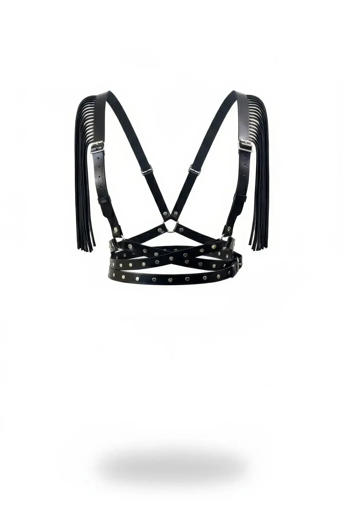 Fringed Faux Leather Body Harness with Studded Waist