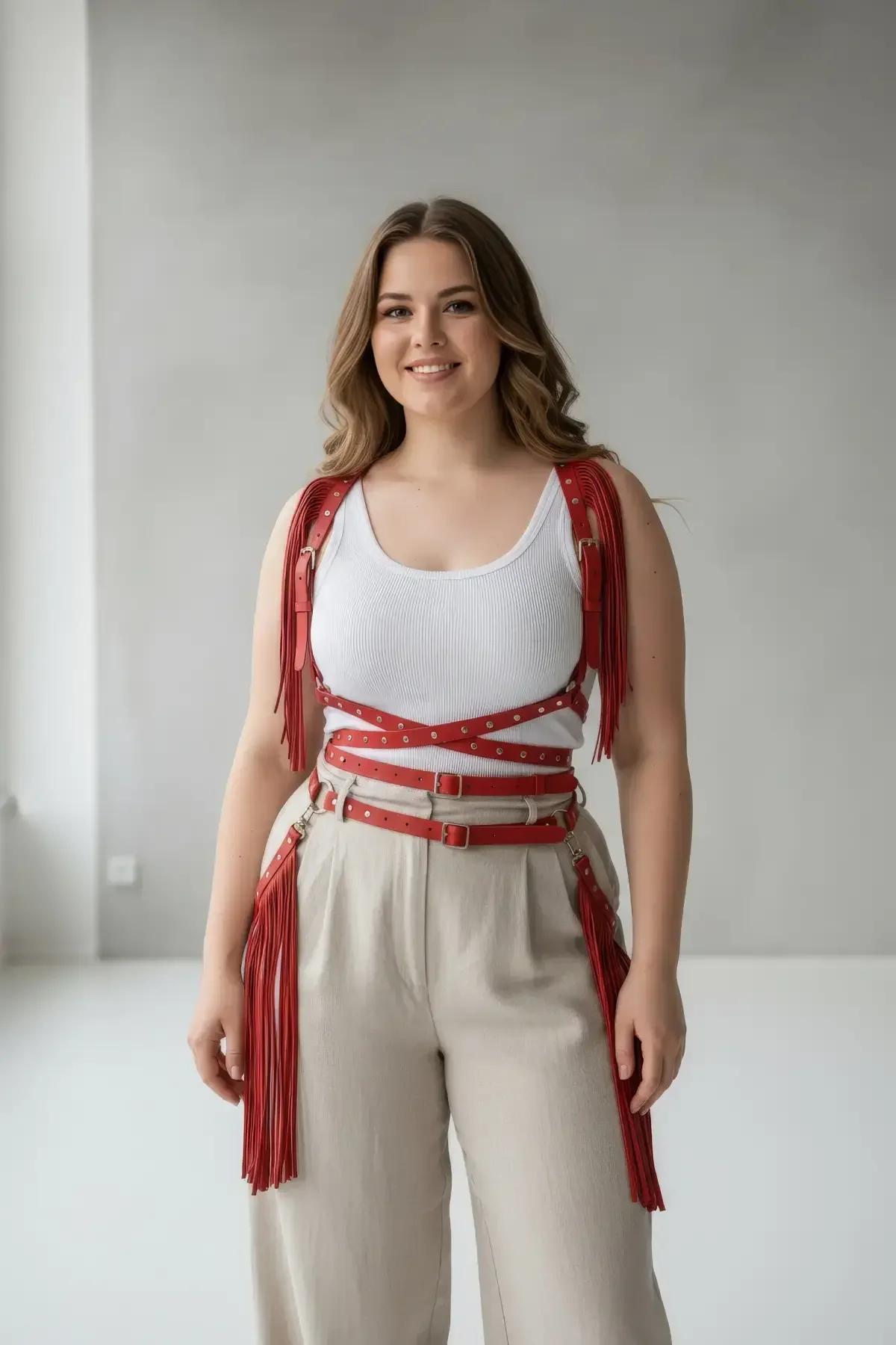 Red Fringed Faux Leather Body Harness with Caged Waist