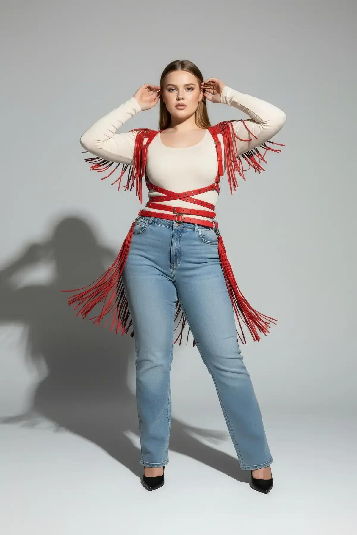 Red Fringed Faux Leather Body Harness with Caged Waist
