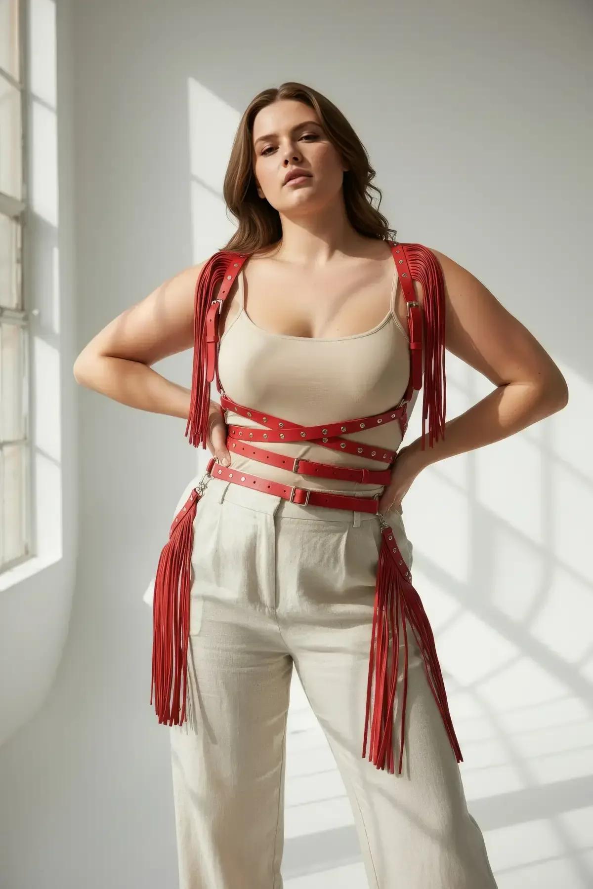 Red Fringed Faux Leather Body Harness with Caged Waist