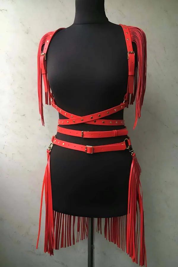 Red Leather Body Harness Set with Fringe Detail